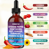 Complément alimentaire liquide au poivre de Cayenne OEM, baies d'aubépine, vitamine D3 K2, racine de betterave, cannelle de Ceylan, curcuma, curcumine, ginseng, 60 ml