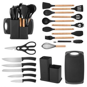 19-Piece Sustainable Silicone Kitchenware <b>Set</b> Wooden Handle Non-Stick Cooking Scoop Multi-Functional Integrated <b>Knife</b> Storage - Product Image 2
