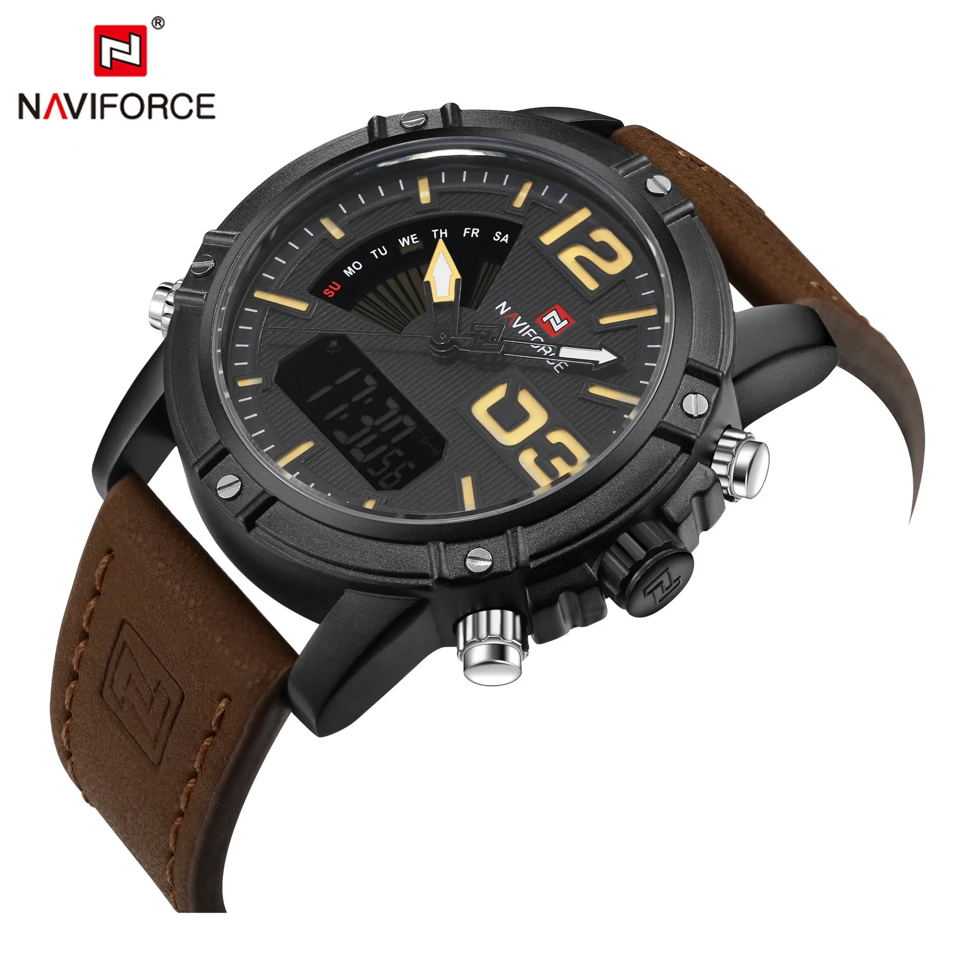 2022 Analog Sport Watch,LCD Digital& Genuine Leather & Week Calendar,Wrist Watch for Men NAVIFORCE 9095