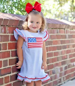 Rarewe Original Design 4th of July Independence Day Flag Applique Light Blue Stripe Ruffle Sleeves Lace Milly Dresses
