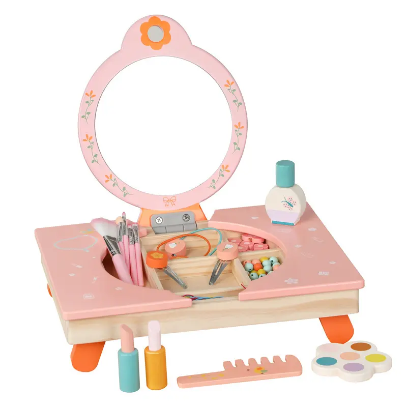 Pink folding dressing table cosmetics children's wooden toys child Pretend play makeup toys