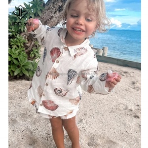 Vente chaude 2024 Nouveaux vêtements pour enfants Chemise à manches longues à imprimé floral Hauts en lin Shorts Ensemble de 2 pièces Ensembles de vêtements pour garçons - Product Image 3