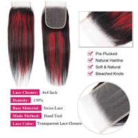 Extensions de cheveux humains vierges bruts vietnamiens, lisses, avec closure en dentelle à cuticules alignées, mèches ombrées 1B/99J rouge bordeaux avec mèches