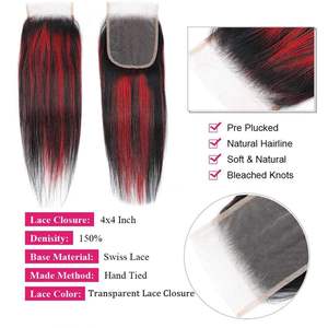Extensiones de Cabello Humano Virgen Vietnamita Liso con Cierre de Encaje Alineado, Color 1B/99J Rojo Borgoña con Reflejos Ombre - Product Image 4