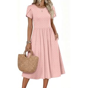 Womens Summer Aline Midi <b>Dress</b> Short Sleeve Polka Dot Print Flowy Casual <b>Dress</b> With Pockets O Neck <b>Elastic</b> Waist Breathable - Product Image 2