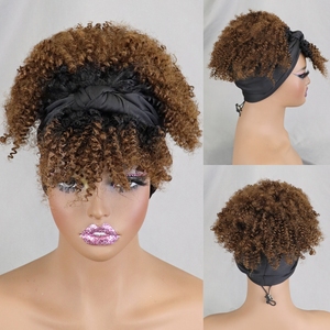 Perruques de bandeau écharpe noire naturelle avec frange <span class=keywords><strong>Afro</strong></span> Puff perruque de <span class=keywords><strong>cheveux</strong></span> humains courte bouclée abordable sans colle - Product Image 1