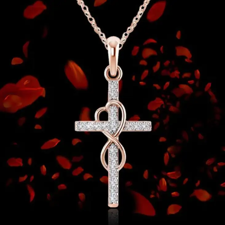 Цвет серебристый, золотой крест с цифрой 8 форма кулон ожерелье для женщин с кристальным камнем ювелирные изделия