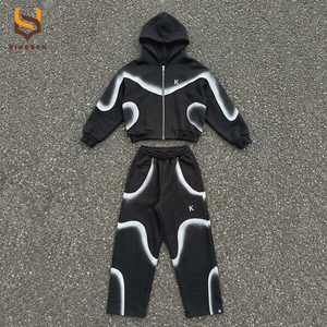 Fabricante de Ropa Deportiva, Traje Deportivo Personalizado con Lavado Ácido, Traje Deportivo Holgado Liso para Hombre, Conjunto de Sudadera y Pantalones Deportivos con Corte Acampanado - Product Image 1