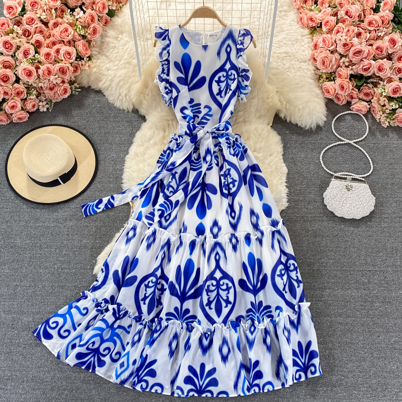 blue white porcelain dress Halter Top Blue & White Porcelain Pattern Chinese Style Evening Dress Blue / 6XL main image 0