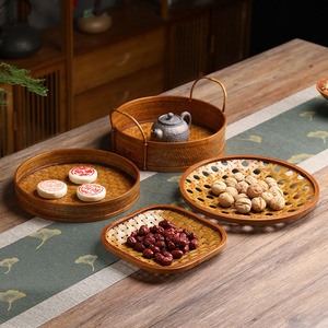 Handmade Bamboo Woven Fruit <b>Basket</b> Round <b>Tray</b> With Handle For Snacks Dried Fruits Residential Use Solid Pattern - Product Image 1