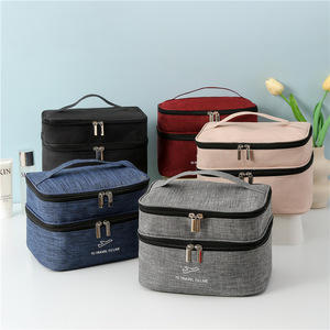 Double Layer Cosmetic Bag Large Capacity Waterproof Travel <b>Toiletry</b> <b>Storage</b> Case Grey Navy Blue - Product Image 4