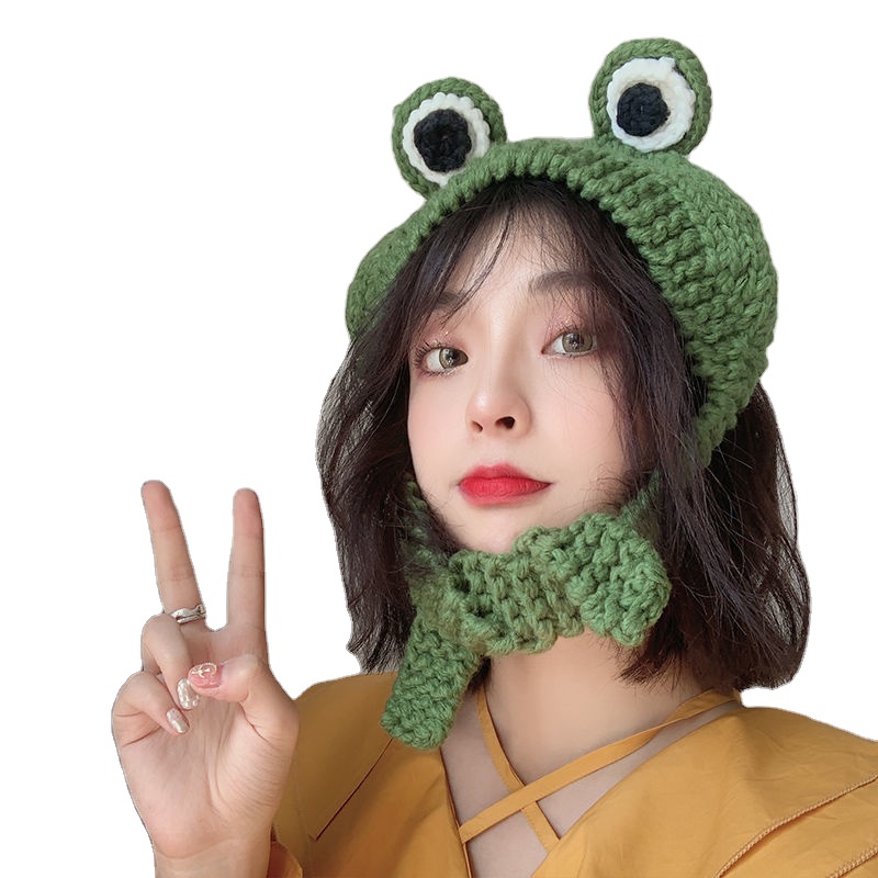 Gorro de lana de punto de rana para niña, gorro de lana con forma de corazón para niña, tocado divertido y bonito, orejeras, color verde, para invierno