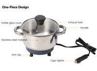Casserole électrique multifonction en acier inoxydable de qualité alimentaire 1,8 L 12V/24V avec double poignée et revêtement céramique pour utilisation en voiture