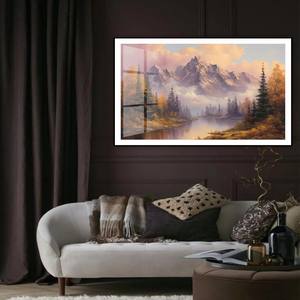 <span class=keywords><strong>Peinture</strong></span> de paysage de <span class=keywords><strong>montagne</strong></span> avec coucher de soleil doré sur <span class=keywords><strong>lac</strong></span> : Décoration rustique pour cabane - Product Image 6