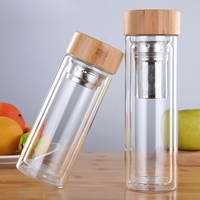Bouteille d'eau en verre borosilicate à double paroi avec infuseur à thé et couvercle en bambou 450 ml, gobelet à thé résistant à la chaleur, écologique