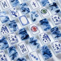 Jeu de tuiles de mahjong américain en acrylique marbré bleu, personnalisé, avec support de voyage, motifs Dragon et Bambou, pour le divertissement, cadeau blanc