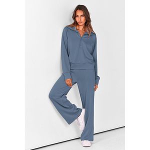 Ensemble de survêtement 2 pièces pour femme, décontracté, avec sweat-shirt à col à revers et demi-zip, pantalon large respirant, idéal pour le quotidien - Product Image 2