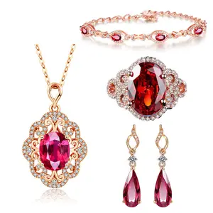 Vintage Moroccan Wedding Trang Sức Set Của Phụ Nữ Ruby Water Drop Shaped Pendant Thời Trang Pha Lê Vòng Cổ/Bracelet/Bông Tai Bộ