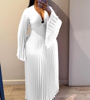 Vestido de Noche Elegante para Mujer, Talla Grande, Sexy, con Cuello en V Profundo, Pliegues de Acordeón, Manga Larga, Corte Ajustado, Vestidos Largos para Damas