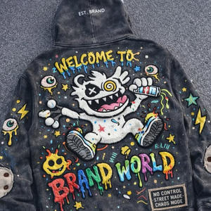 Kleurrijke digitale print sun fade vintage chenille 3D borduurwerk patch privé geweven label cropped pullover hoodie oversized - Product Image 2