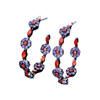 Anting Hoop Bulat Besar Motif Bunga Kuningan Berhiaskan Zirkon Ungu Merah Elegan Trendi untuk Wanita, Perhiasan Mewah Berlapis Hitam Berkualitas