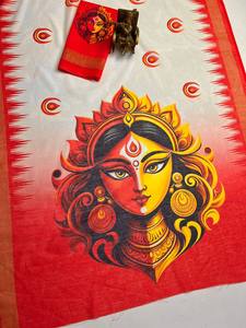 Durga Puja Chanderi ผ้าฝ้ายพิมพ์ดิจิตอล, โมเดลซารีบานาราซิสไตล์อินเดียผ้าจอร์เจียหนักผ้าปักโมดัลต่ำ - Product Image 5