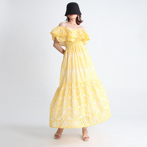 Vestido Midi Blanco Bordado con Volantes y Ojales, Estilo Mexicano, Elegante, para Mujer, Venta al Por Mayor - Product Image 1