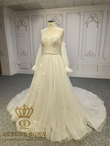 Queens vestido hecho a mano con cuentas cinturón A-Line vestido de novia 3D flor brillante encaje corazón hueso cuerpos hecho a mano nupcial - Product Image 3