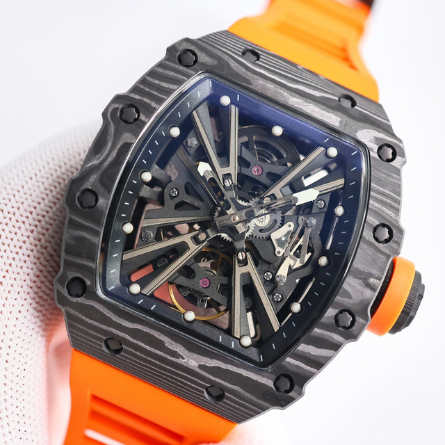 Luxury Carbon Fiber Tonneau Case 20mm Rubber Exquisitely Crafted Tourbillon Movement Mens Fashionable Business Mechanical Watch
