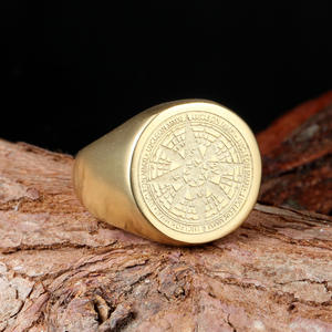 Anillo con sello vikingo del norte de Europa para hombre, joyería masculina con brújula redonda chapada en oro de 18K - Product Image 1