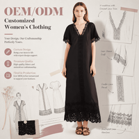 Gaun Kaftan Maxi Katun Hitam Elegan dengan Renda, Kerah V, Lengan Pendek, dan Detail Lubang-Lubang di Bagian Bawah, Gaya Bohemian untuk Liburan Pantai Wanita
