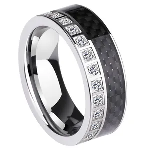 High polished white CZ inlay stainless steel mens carbon fiber wedding rings tungsten ring jewlery