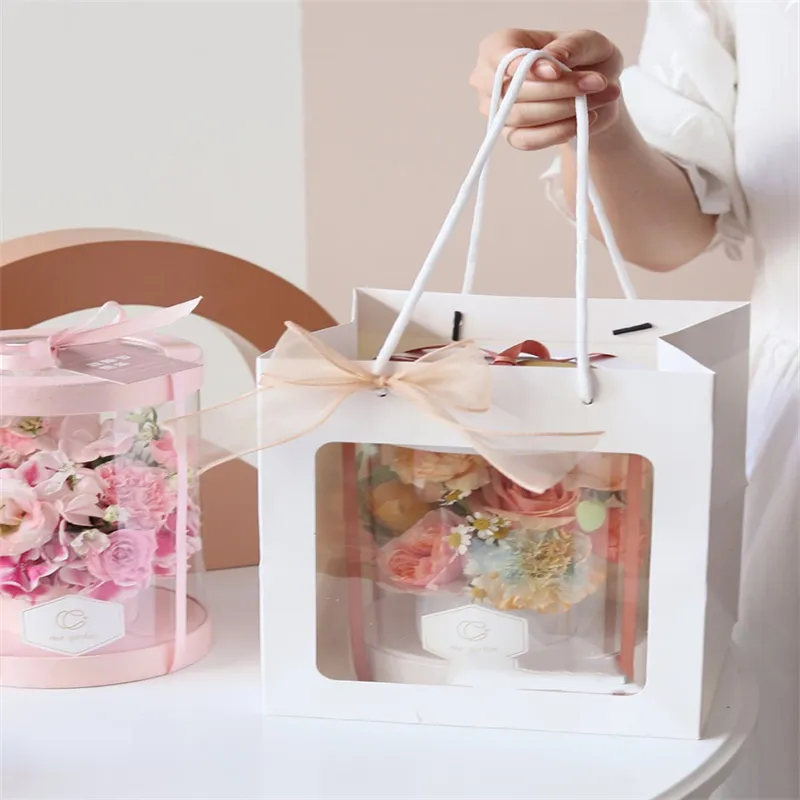 Tas Jinjing Kotak Hadiah Buket Bahan Kemasan Bunga Tas Pembawa Bunga Kertas Jendela PVC Bening Kotak Khusus dengan Pegangan