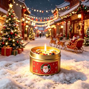Bougie parfumée de Noël en cire de soja écologique avec logo personnalisé, dans une boîte en métal doré avec des fleurs séchées et des accents ambrés, ensemble cadeau de décoration de Noël - Product Image 3