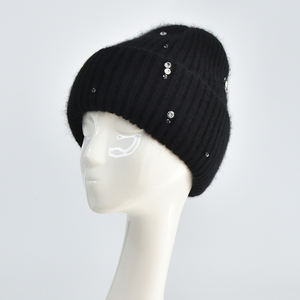 Berretto invernale da donna in lana d'angora lavorato a maglia per donna cappello con diamanti lucidi e scintillanti a maglia con decorazione gioielli - Product Image 2