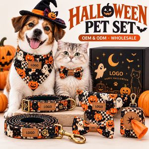 Ensemble Halloween pour animaux de compagnie : Bandana, Collier, Laisse, Chapeau de Sorcière, Nœud Papillon, Distributeur de Sacs à Crottes, Boîte Cadeau Personnalisable avec Logo, Accessoires pour Chiens et Chats - Product Image 1