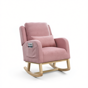 Fauteuil à bascule moderne à dossier haut en tissu Teddy avec pieds en bois, pour salon, avec coussin lombaire et poches latérales - Product Image 1