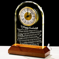 Horloge en cristal transparent personnalisée avec base lumineuse LED en bois pour les souvenirs de mariage, d'anniversaire d'entreprise, de célébration