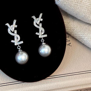 Exquisite Luxury Zircon Pearl Pendant Earrings Elegant Crystal Rhinestone Letter Grey Pearl Stud Earrings for <b>Gifts</b> - Product Image 2