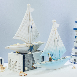 Mediterranean Sailboat Model Light Blue MDF <b>Tabletop</b> Decor Indoor Home Decor - Product Image 1