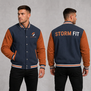 Chaqueta Varsity Unisex Azul Marino y Naranja, Cuello Alto, Corte Regular, Ropa Casual de Invierno, Logotipo Bordado - Product Image 1