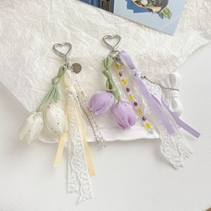 Porte-clés Fleur de Tulipe Faite à la Main, Breloque de Sac Élégante en Tissu avec Pompon en Ruban de Dentelle Délicat et Fermoir Cœur - Product Image 3