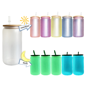 16oz UV changement de couleur lueur dans le verre foncé peut vierge sublimation verre à bière tasse avec couvercle en bambou - Product Image 1