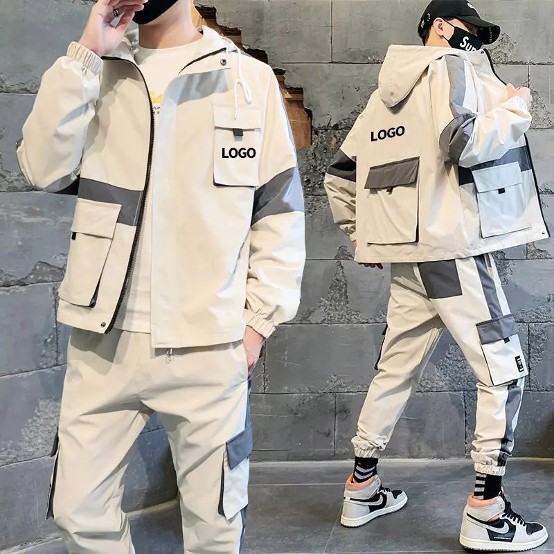 Street Wear Overalls Men's 2 Piece Track Suit Fashion Patchwork Cargo Pockets Tracksuit Sweatsuit Joggers Men Fall Sets