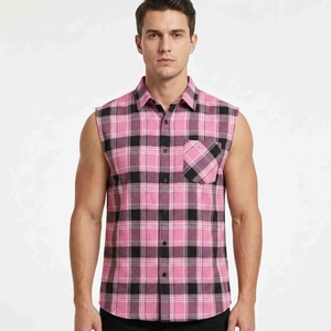 Oferta de Verano: Camisa de Franela a Cuadros sin Mangas para Hombre, Cuello con Botones, Casual, Rosa y Negro, 100% Algodón Tejido Transpirable - Product Image 1