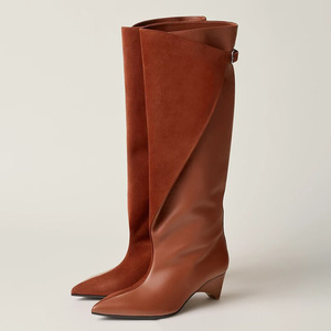 Women Custom Low Spike Heels Long <b>Boots</b> Pointy Toe Knee High Booties on Stiletto Dress Suede Leather Patchwork Shoes - Product Image 1