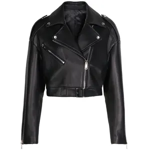2023 Autumn Genuine Leather Cropped Jacket Women Black Sheepskin Biker Jacket Ladies