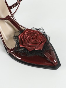 Sandales pour femmes, sandales à bout pointu avec fleurs en dentelle 3D, talon irrégulier - Style soirée, chaussures à talons hauts bordeaux - Product Image 6