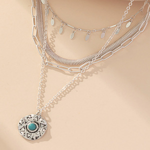 Collar con colgante de turquesa de varias capas estilo europeo americano, cadena retro para clavícula, diseño geométrico de estrella, plata tibetana - Product Image 3