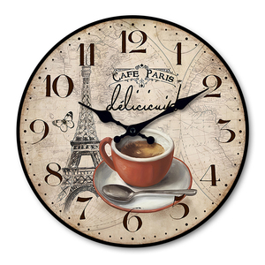 Reloj de Pared Vintage con Diseño de la Torre Eiffel de París y Taza de Café, Cristal y Vidrio, con Agujas y Números Marrones para Sala de Estar u Oficina - Product Image 1